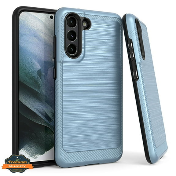 Xpression Case for Samsung Galaxy S21 FE /Fan Edition Armor Brushed Texture Rugged Carbon Fiber Design Dual Layers Hard PC   TPU Protective Phone Cover [Blue]