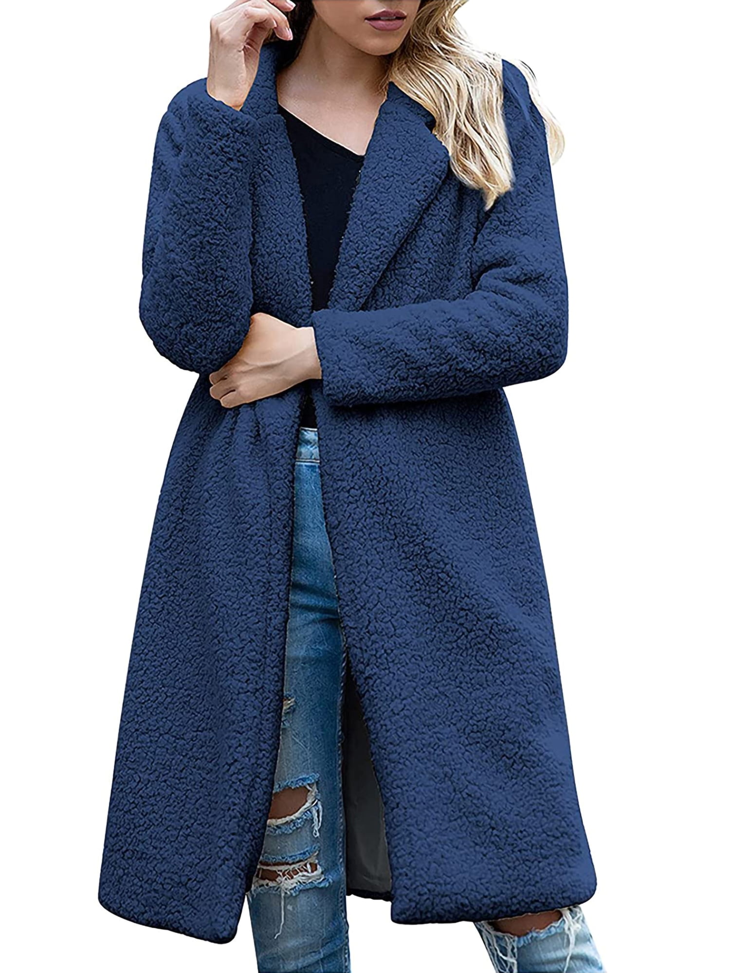 Bmnmsl Women Overcoat Long Sleeve Lapel Collar Plush Inner Shank Coat, Women's, Size: XL, Blue