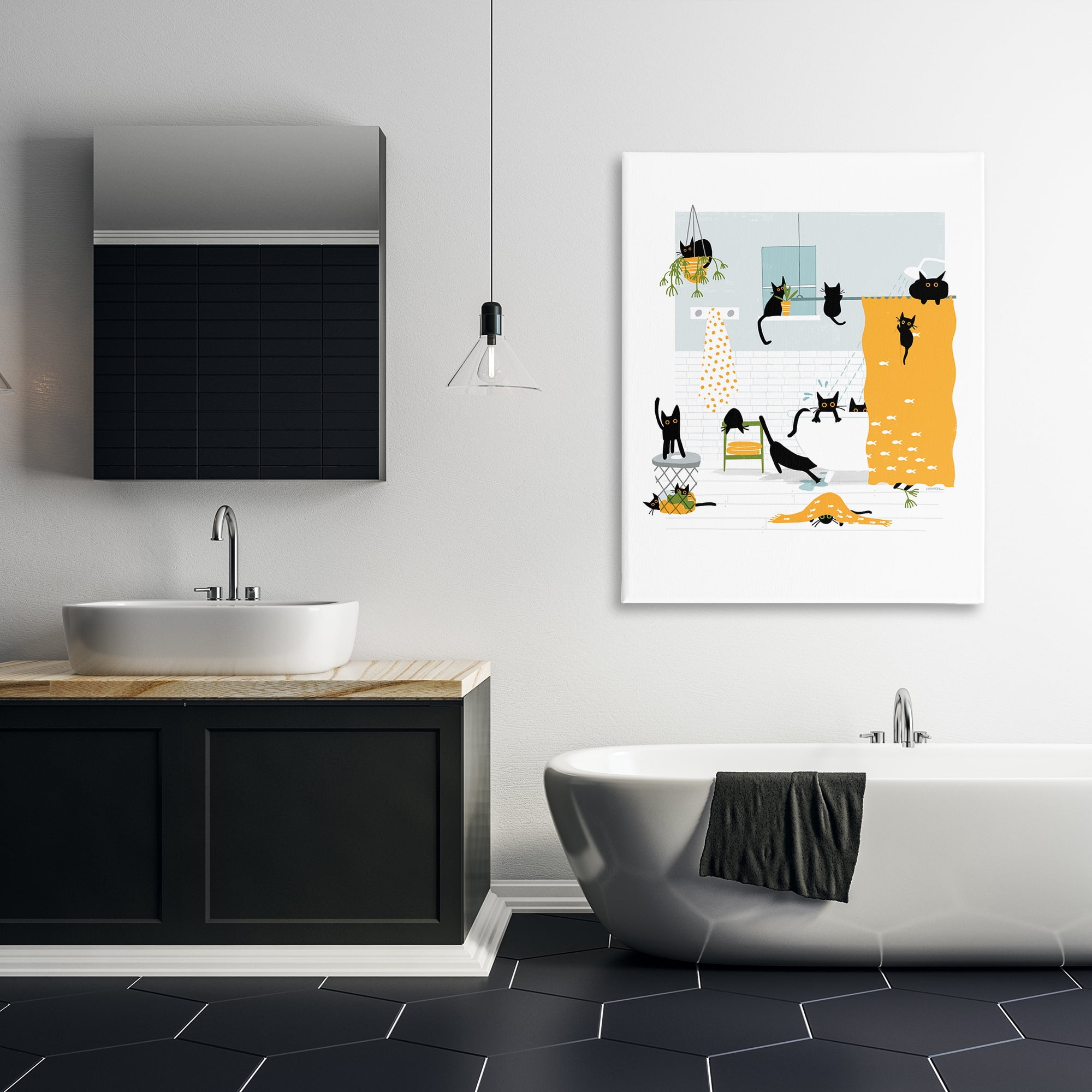 Stupell Industries Black Cats Bath Time Bath & Laundry Painting Wrapped Canvas Art Print Wall Art, 36 x 48