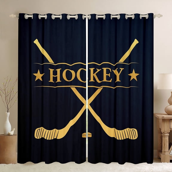 jejeloiu Hockey Sport Games Black Out Curtains,Hockey Stick Curtains Pack of 2 (42x63 Each),Gold Black Bedroom Curtains For Teens,Luxury Bedroom Decor