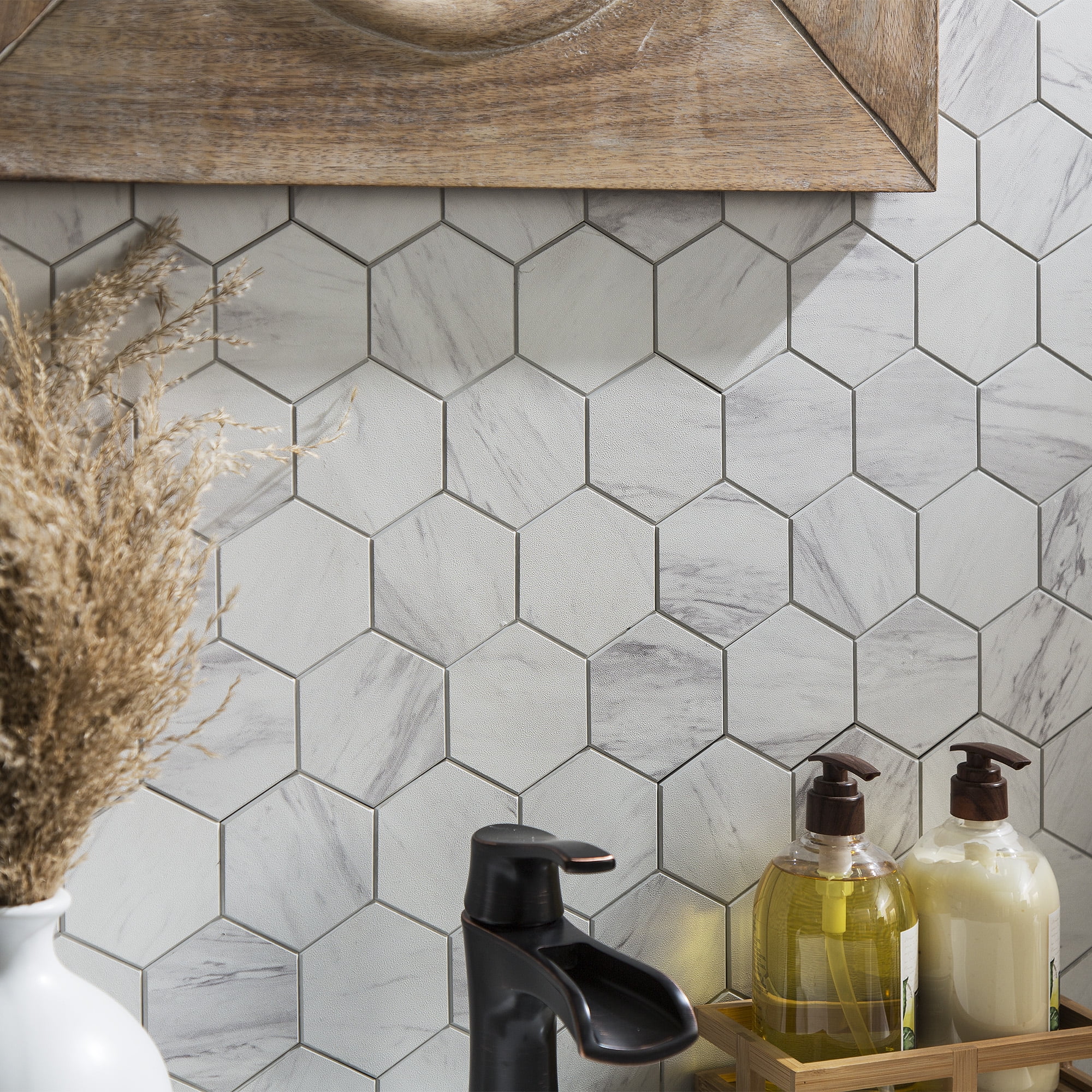 Aspect Collage 12.75in x 10.6in Peel and Stick Backsplash in Carrara Hex (5-Pack)