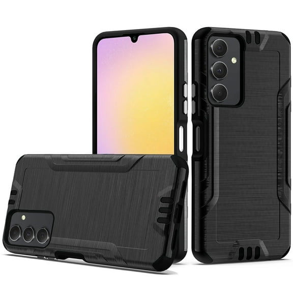 Designed for Samsung Galaxy A25 5G Hybrid Dual Layer Slim Defender Armor Tuff Metallic Brush Texture Shockproof Hard PC   TPU Rubber Phone Case Cover [Black]