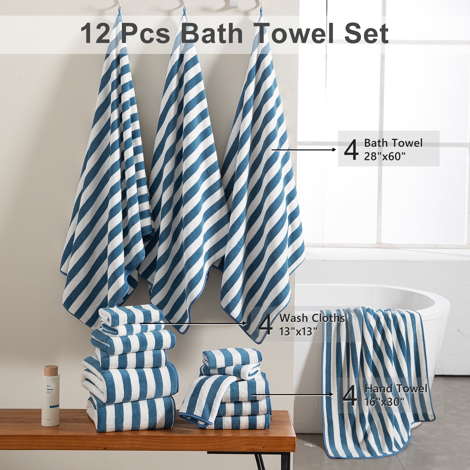 Smuge 12 Pcs Stripe Family Bath Towels Set - 4 Bath Sheet Towels, 4 Hand Towels, 4 Washcloths, Microfiber Soft Shower Towel for Bathroom Gym Spa(Blueberry)
