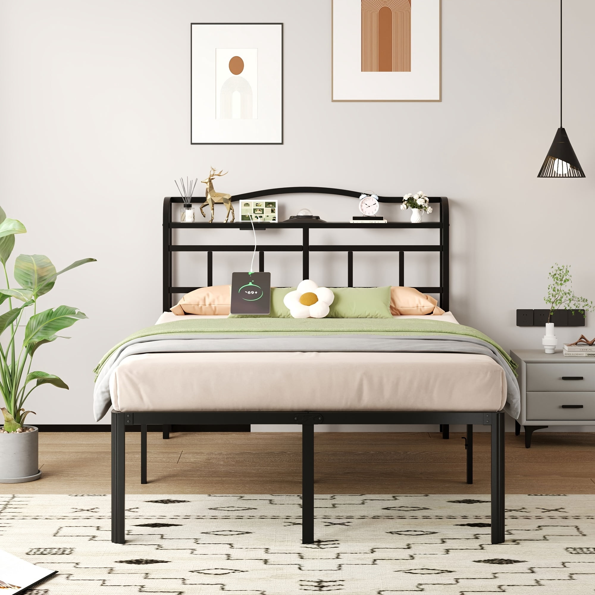 WANTAI Queen Bed Frame - Storage Headboard with Charging Station & Galaxy Aurora Projector, 14 Inch Sturdy Metal Platform Bed Frame No Box Spring Needed, Easy Assembly, No Noise, Black