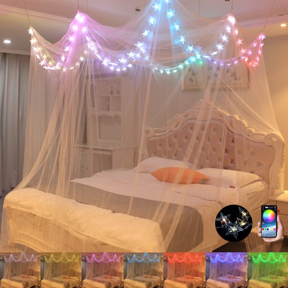 Bed canopy with LED Star Lights, canopy Bed curtain with RgB color changing String Lights with Smart App control Remote for Princess girls Bedroom, Suggested for Twin Full Queen King Bed