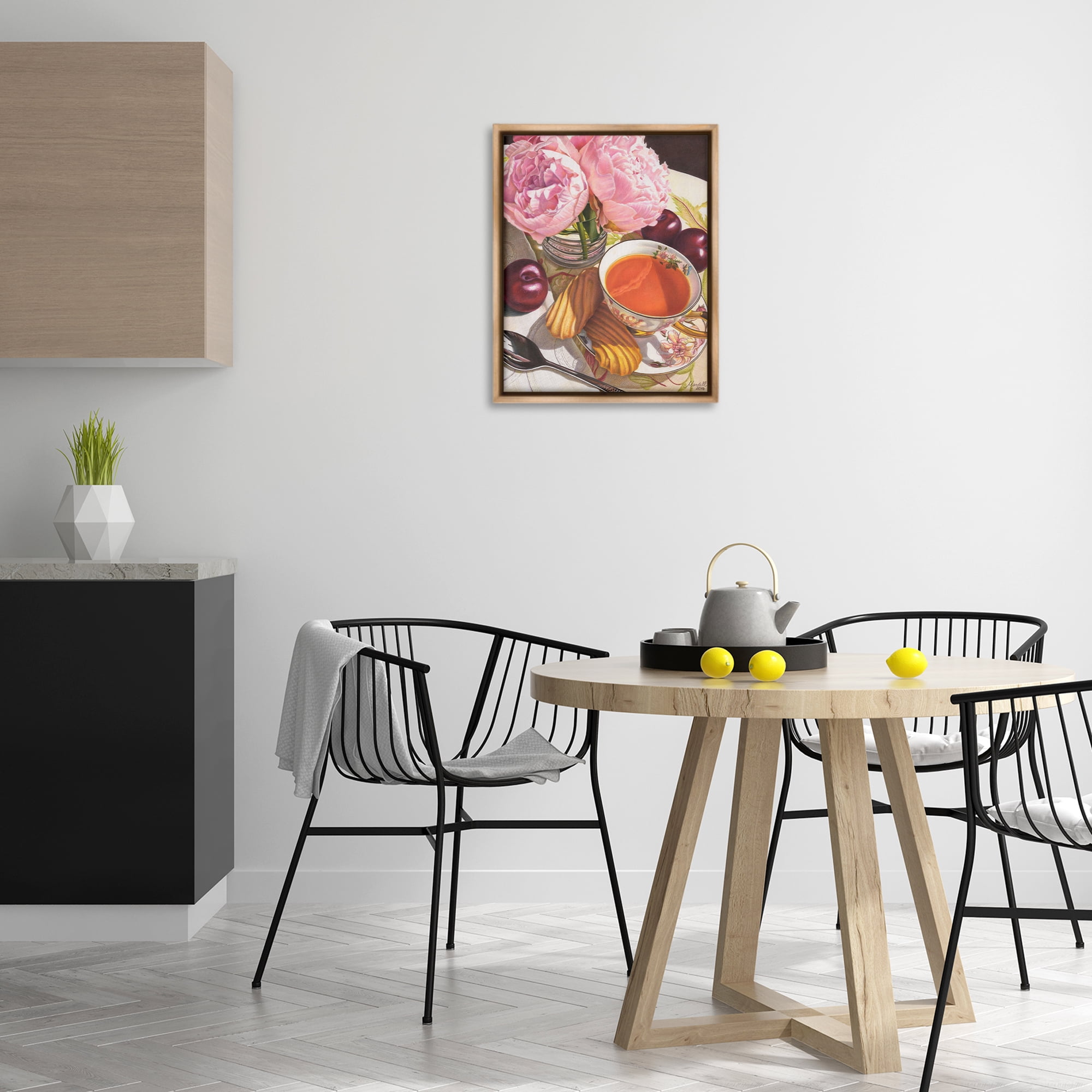 Stupell Industries Tea with Peonies & Plums Food & Beverage Painting Brown Floater Framed Art Print Wall Art, 17 x 21