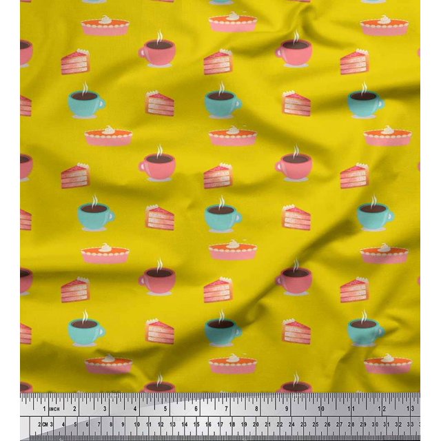 Soimoi Poly Georgette Fabric Cake Slice & Coffee Beverages Fabric Prints by Yard 42 Inch Wide