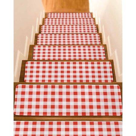 Orange Red Checkered Stair Treads for Wooden Steps Indoor Runner Rug Carpet Farmhouse Buffalo Plaid 15 Pieces Peel and Stick Staircase Step Treads Covers Washable Throw Door Mats 30 x8