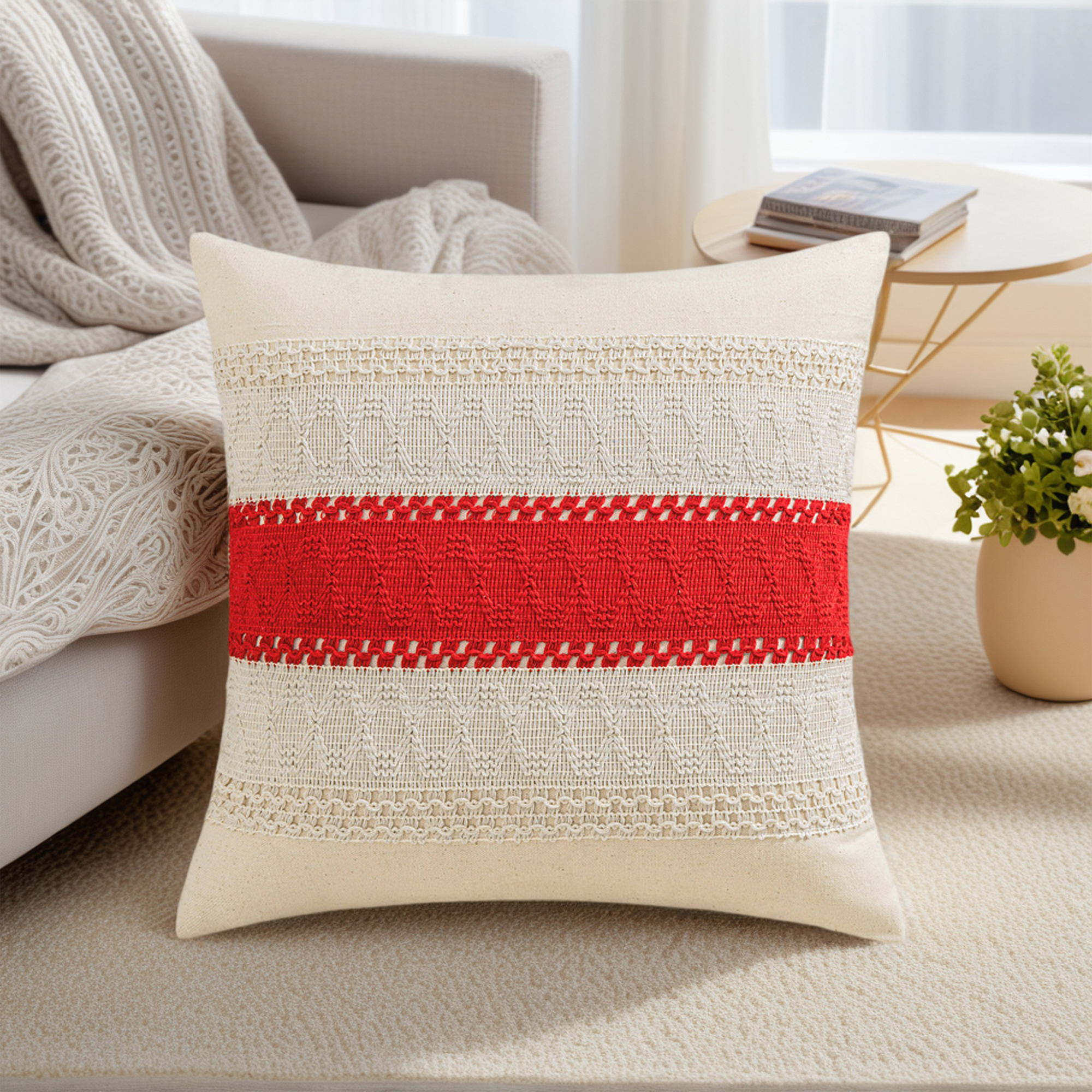 Unique Bargains 2Pcs Geometry Weave Throw Pillow Covers for Sofa Pink 18" x 18"