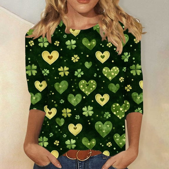LEKWK Womens Graphic Tees All Over Print Long Sleeve Casual Tops Cute Tops Green Hearts Shamrocks Pattern St Patricks Day Tops