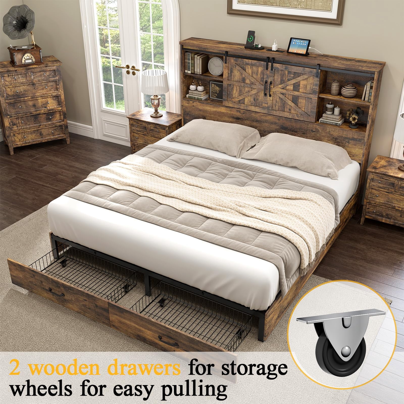 VanAcc Full Size Wooden Platform Storage Bed Frame with 51.2" Wood Bookcase Headboard(Rustic Brown)