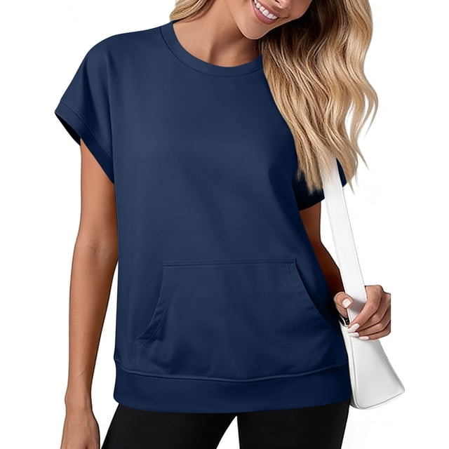 Camiseta Negra de Manga Larga de Manga Corta de la Mujer Batwing con Bolsillo de Canguro, Top Casual de Lana Suave para el Salón Y el Uso Diario