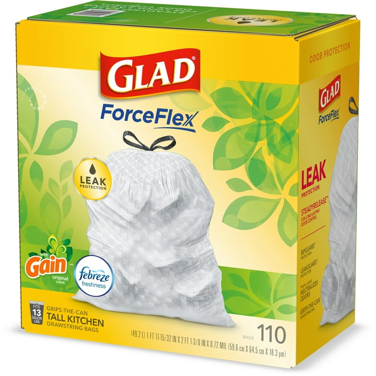 Glad® ForceFlex Tall Kitchen Drawstring Trash Bags – 13 Gallon Grey Trash  Bag, OdorShield® – 40 Count, Trash Bags