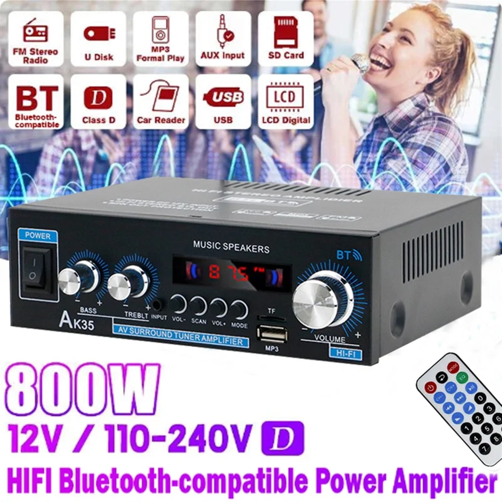 HiFi Digital Amplifier AK35 Amplifiers MP3 Channel 2.0 Sound Amplifier AMP Support For Home Car MAX 400W*2 ,Bass Treble Control