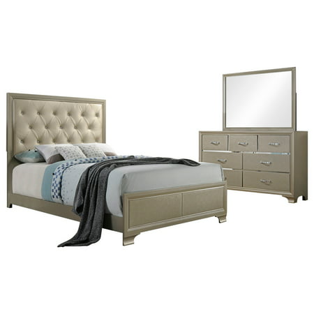 Delphine 3 Piece Bedroom Set, Queen, Champagne Wood & Faux Leather, Contemporary (Upholstered Panel Bed, Dresser &