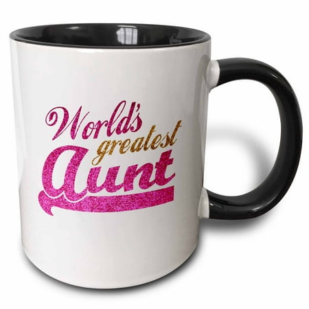 3dRose Worlds Greatest Aunt - Best Auntie ever - pink and gold text - faux sparkles - matte glitter-look, Two Tone Black Mug,
