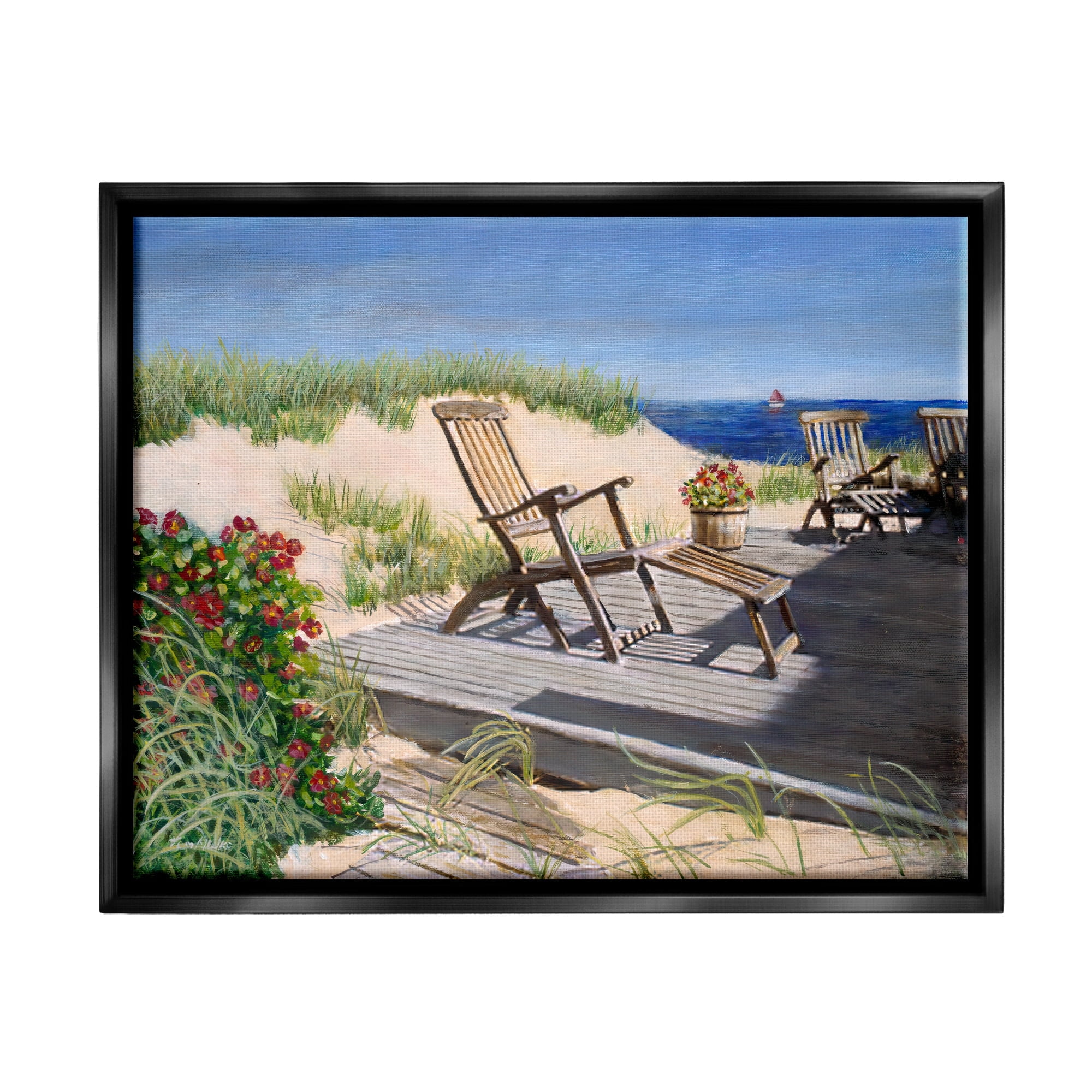 Stupell Industries Relaxing Waterfront Boardwalk Beach Chairs Summer Scene Painting Luster Gray Floating Framed Canvas Print Wall Art, Design by Tom Mielko