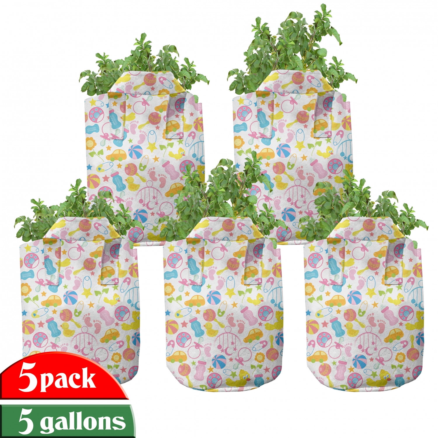 Baby Grow Bags 5Pack, Toys of Newborn Pattern, Heavyduty Fabric Pots