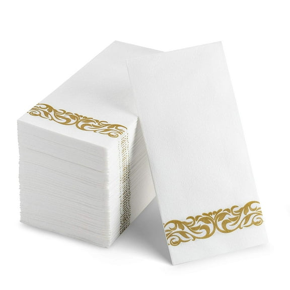 100 Disposable Guest Towels Soft and Absorbent Linen-Feel Paper Hand Towels Durable Decorative Bathroom Hand Napkins Good for Kitchen, Parties, Weddings, Dinners or Events White and Gold