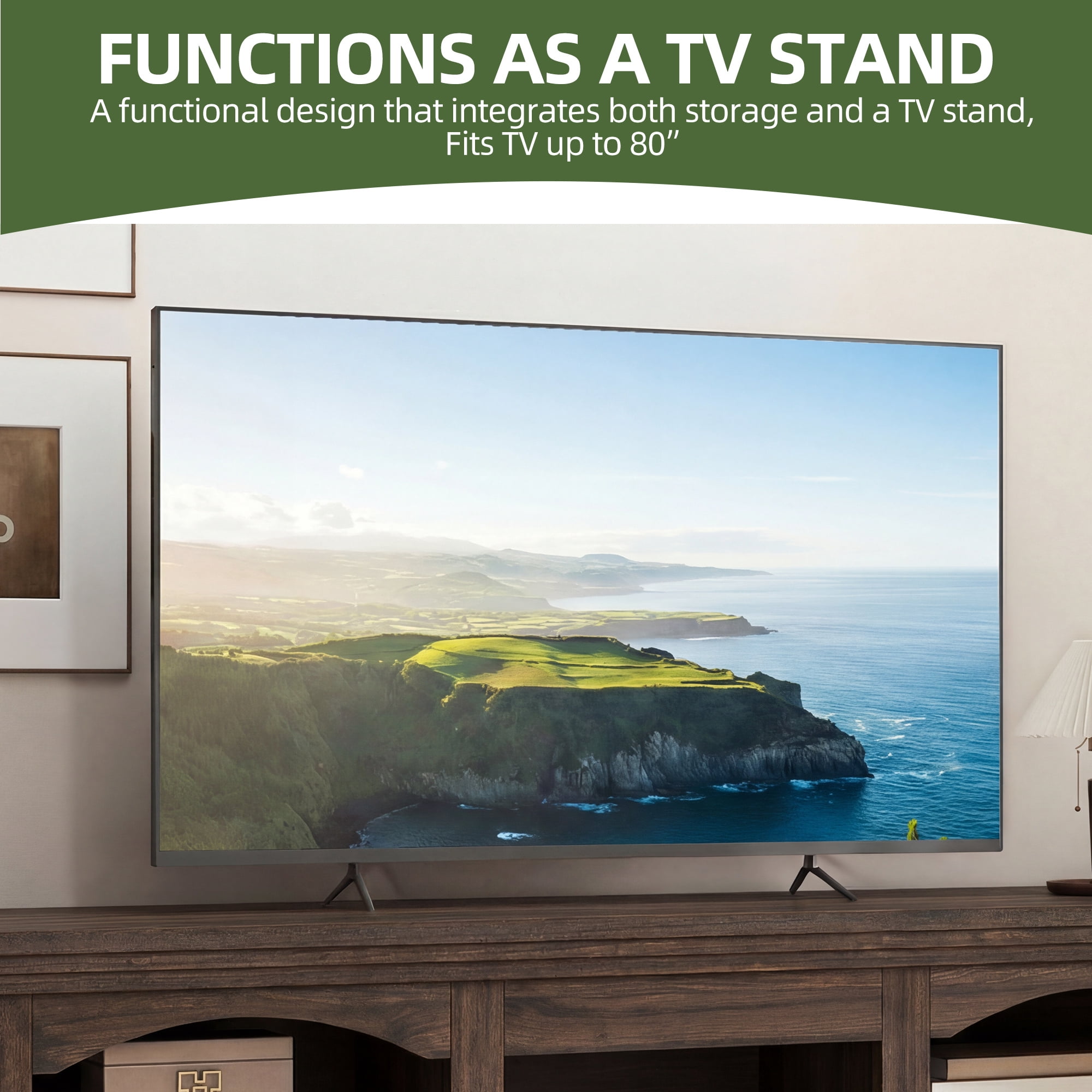 Uforic 59" Washed Grey Farmhouse TV Stand, Adjustable Shelf Entertainment Center for 65 Inch TVs for Living Room, Black