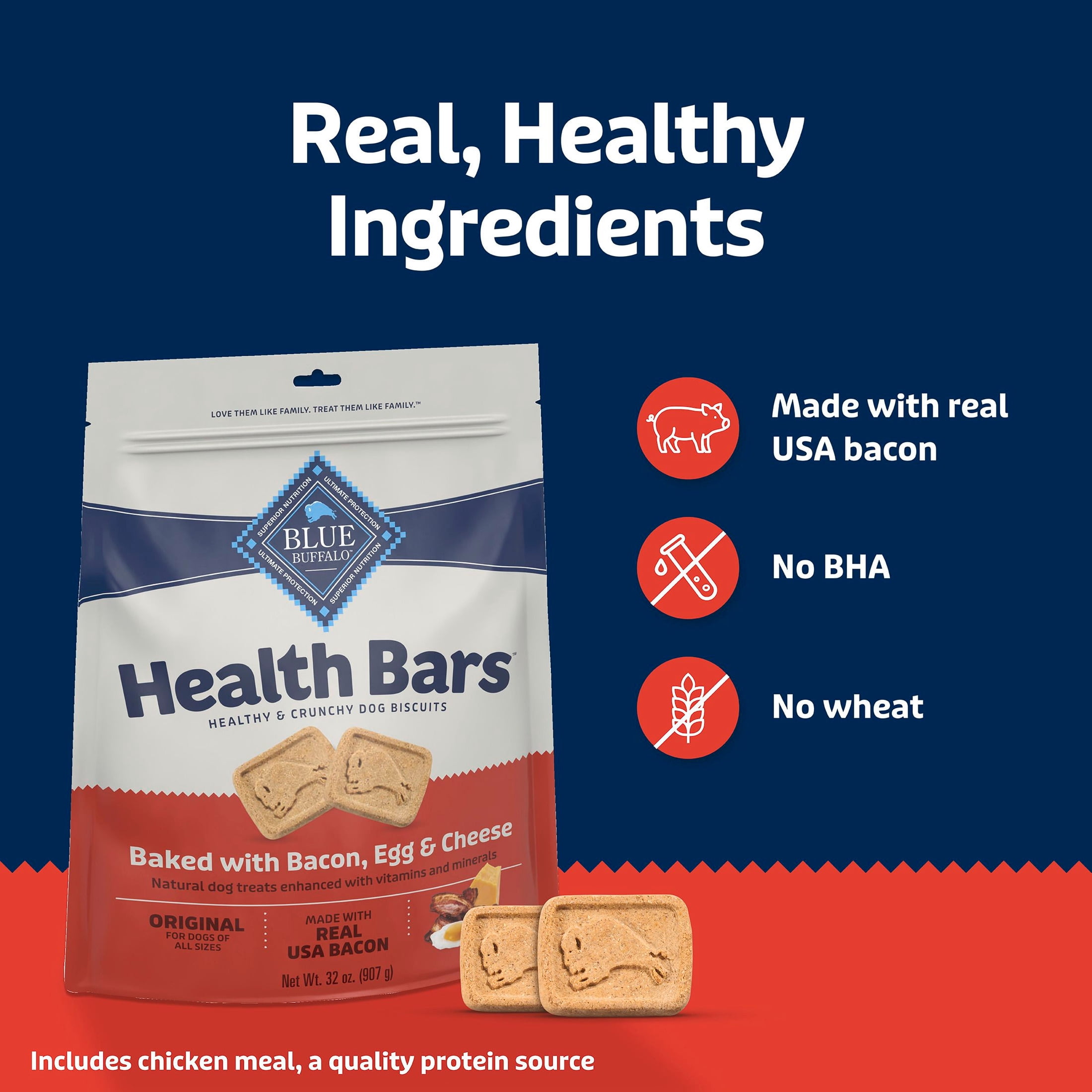 Blue Buffalo Health Bars Crunchy Dog Biscuits, Bacon, Egg & Cheese, 32-oz Bag