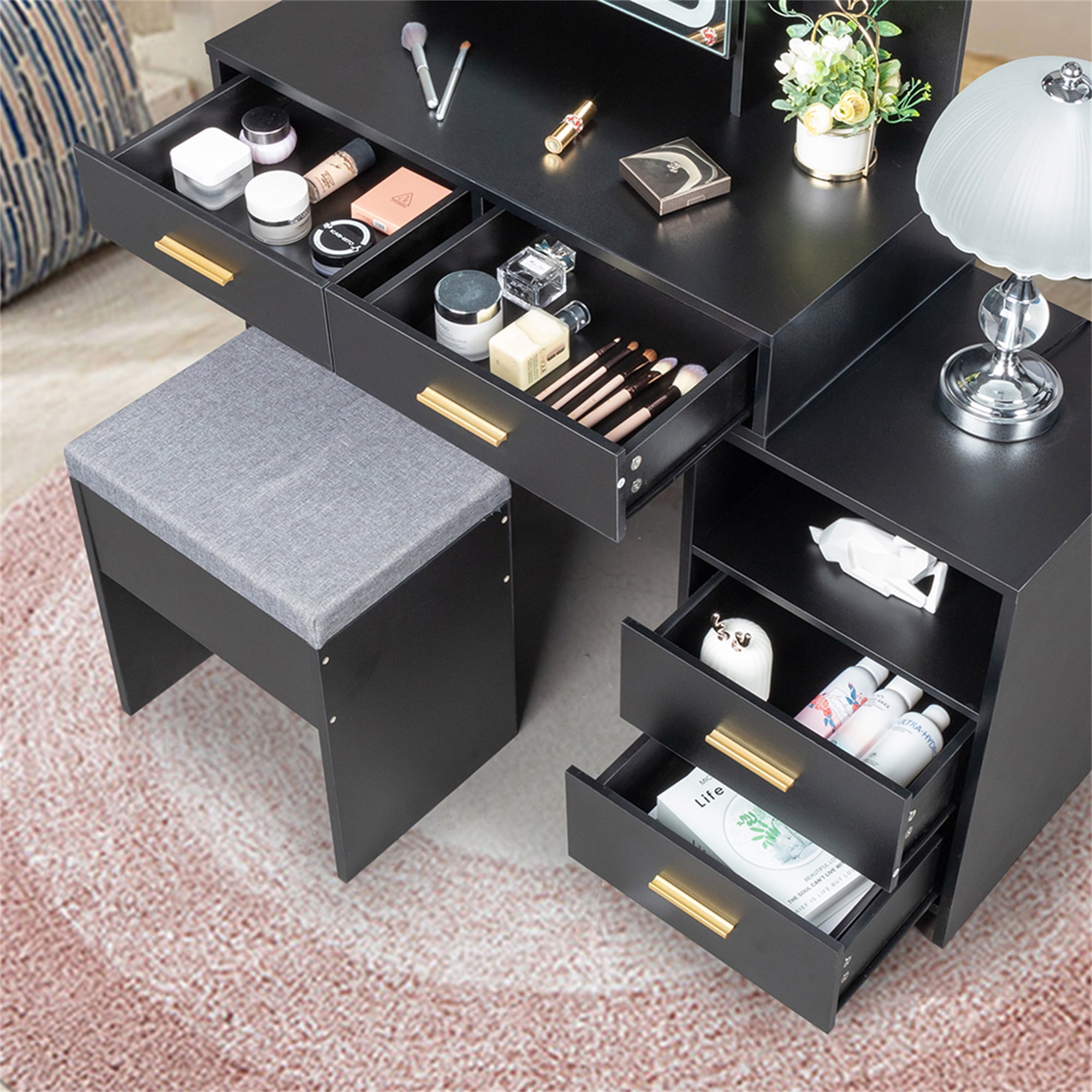 Kepooman Makeup Vanity with 4 Drawers and Mirror, Dressing Table Set Led Three-Tone Light, Black Kepooman Makeup Vanity with 4 Drawers and Mirror, Dressing Table Set Led Three-Tone Light, Black