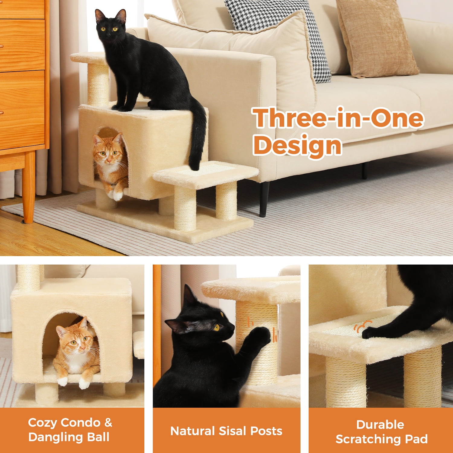 PAWZ Road 21.3" Dog Stairs with Scratching Post 3-Step Pet Stairs with Cat Condo for Small Dog Beige