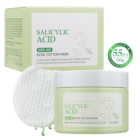OUKEYA Mascarilla de Algodón para Disipar el Acné con Ácido Salicílico Al 3%, 55 Pzas, 110g
