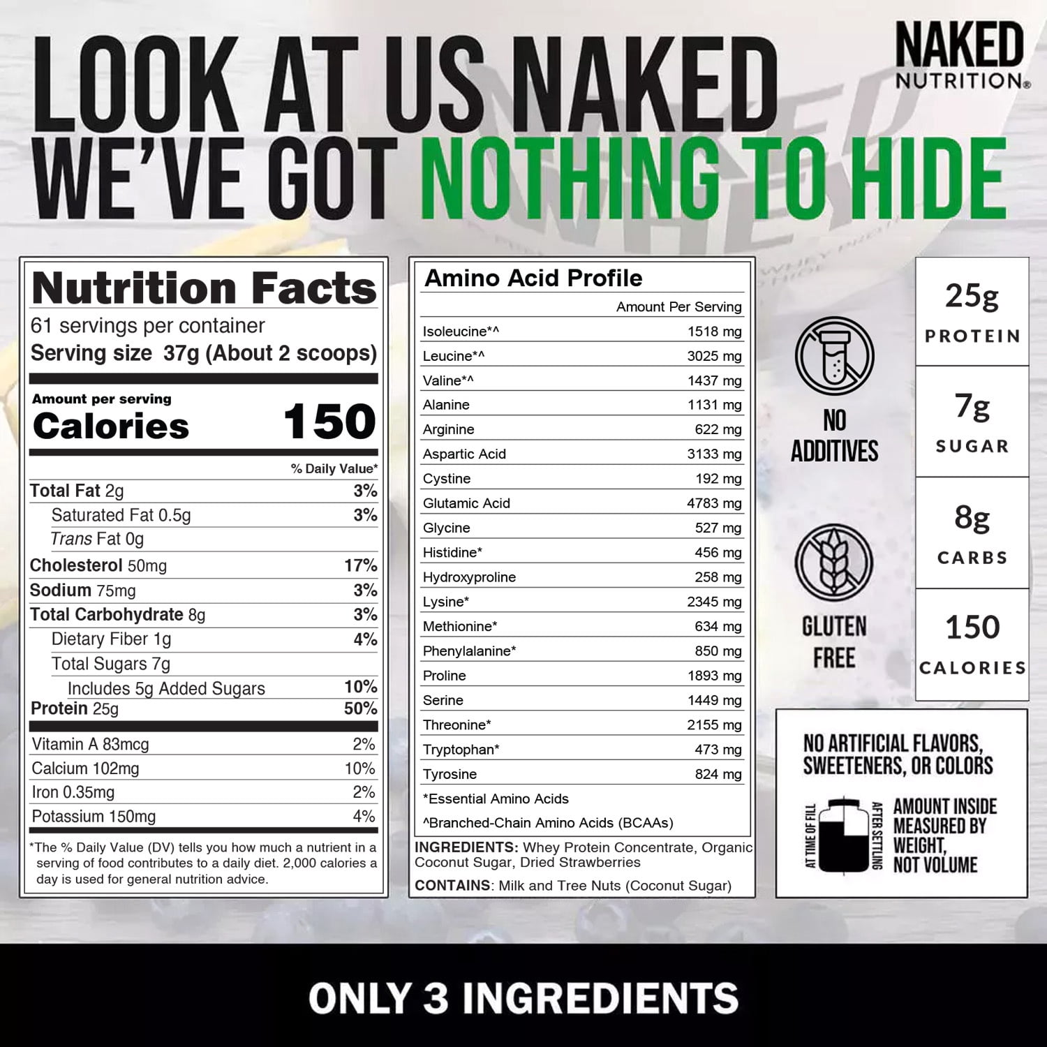 NAKED Strawberry Whey Protein - All Natural Grass Fed Whey Protein Powder + Dried Strawberries + Coconut Sugar- 5lb Bulk, GMO-Free, Soy Free, Gluten Free. Aid Muscle Growth & Recovery - 61 Servings