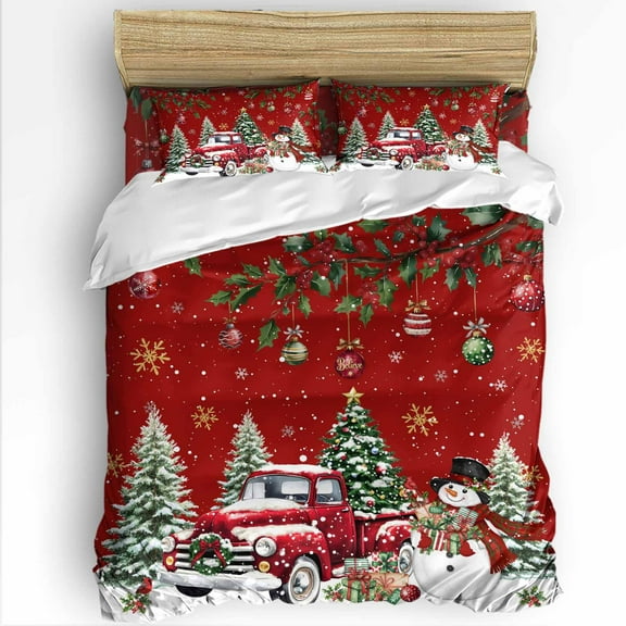 Red Christmas King Size Comforter Set, Xmas Snowman Truck Snowflake Tree Balls Soft Bedding for All Seasons, 4 Pcs Bed Set with 1Comforter (90"x106") ,1 Sheet(94"x116"), 2 Pillowcases (19"x35")