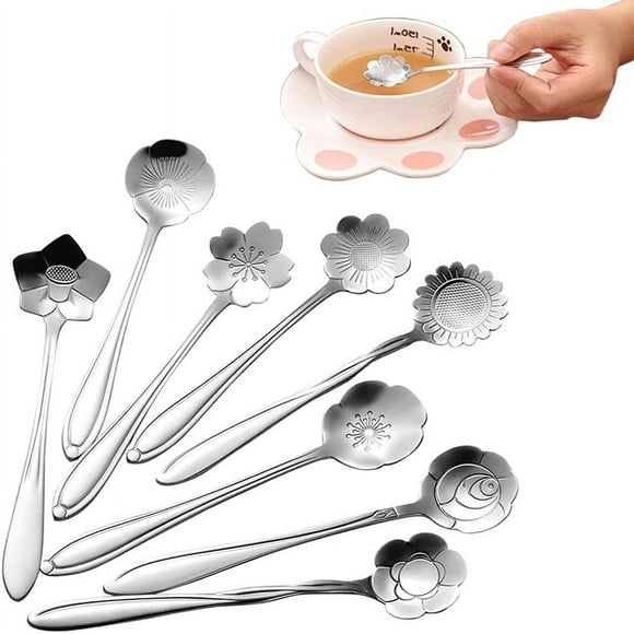 Elegant Flower Spoon Set, Stainless Steel Tableware with Unique Demitasse Designs, Ideal for Coffee & Tea Lovers, 8 Different Flower Patterns (Light-Weight, Mirror Polished)