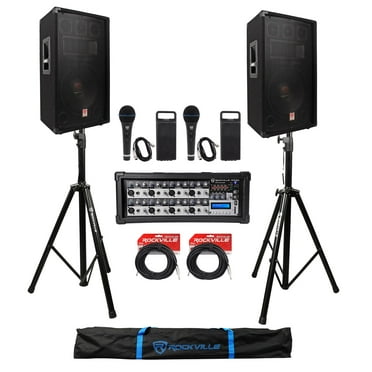 (2) Rockville RSG12.4 12” 3-Way 1000w DJ PA Speakers Powered Mixer Mics Stands