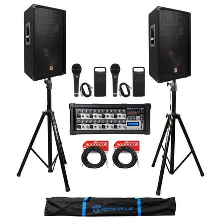 (2) Rockville RSG12.4 12” 3-Way 1000w DJ PA Speakers+Powered Mixer+Mics+Stands