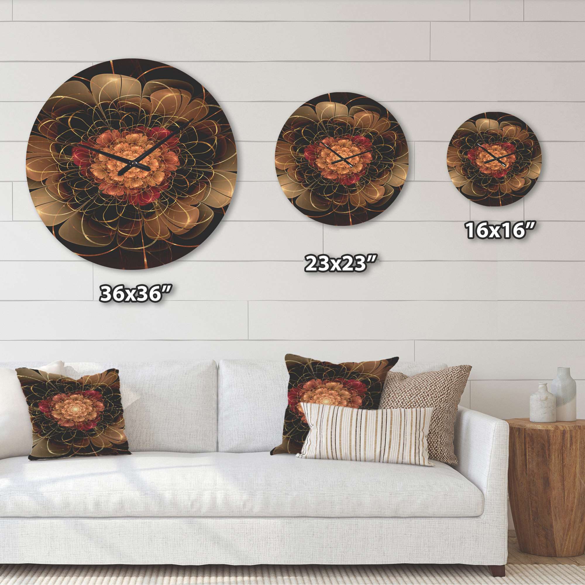 Designart 'Red Dark Gold Fractal Flower Pattern ' Modern Wood Wall Clock