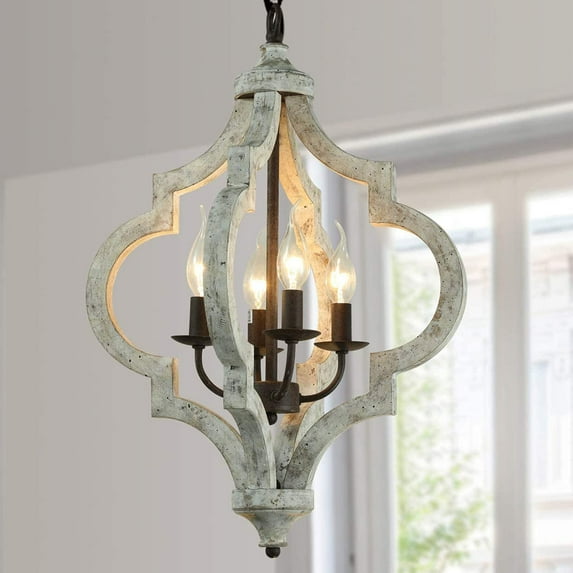 TOMIYA White Wood Farmhouse Chandelier Bronze Metal Pendant Light 4-Light Dining Room Ceiling Lamps Handmade Retro Vintage Rustic Hanging Light Fixtures for Entryway Kitchen Island Foyer
