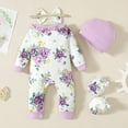 thumbnail image 3 of KIMI BEAR Newborn Baby Girls Bodysuit Winter Warm Clothes Long Sleeves Romper Bowknot Floral Jumpsuit Button Bottom One-piece Overalls with Headband and Hat and Gloves 4pcs Purple NB, 3 of 9