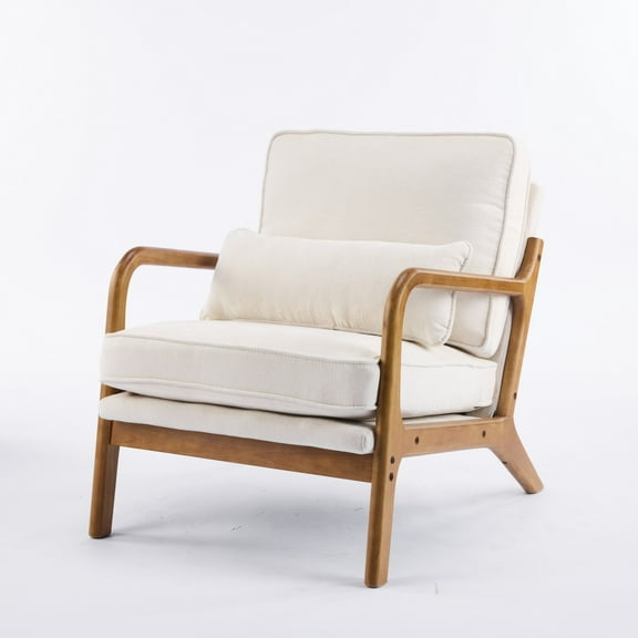 White Upholstered Recliner Armchair with Cushion, Mid-Century Modern Single Lounge Chair for Living Room, Study, or Balcony