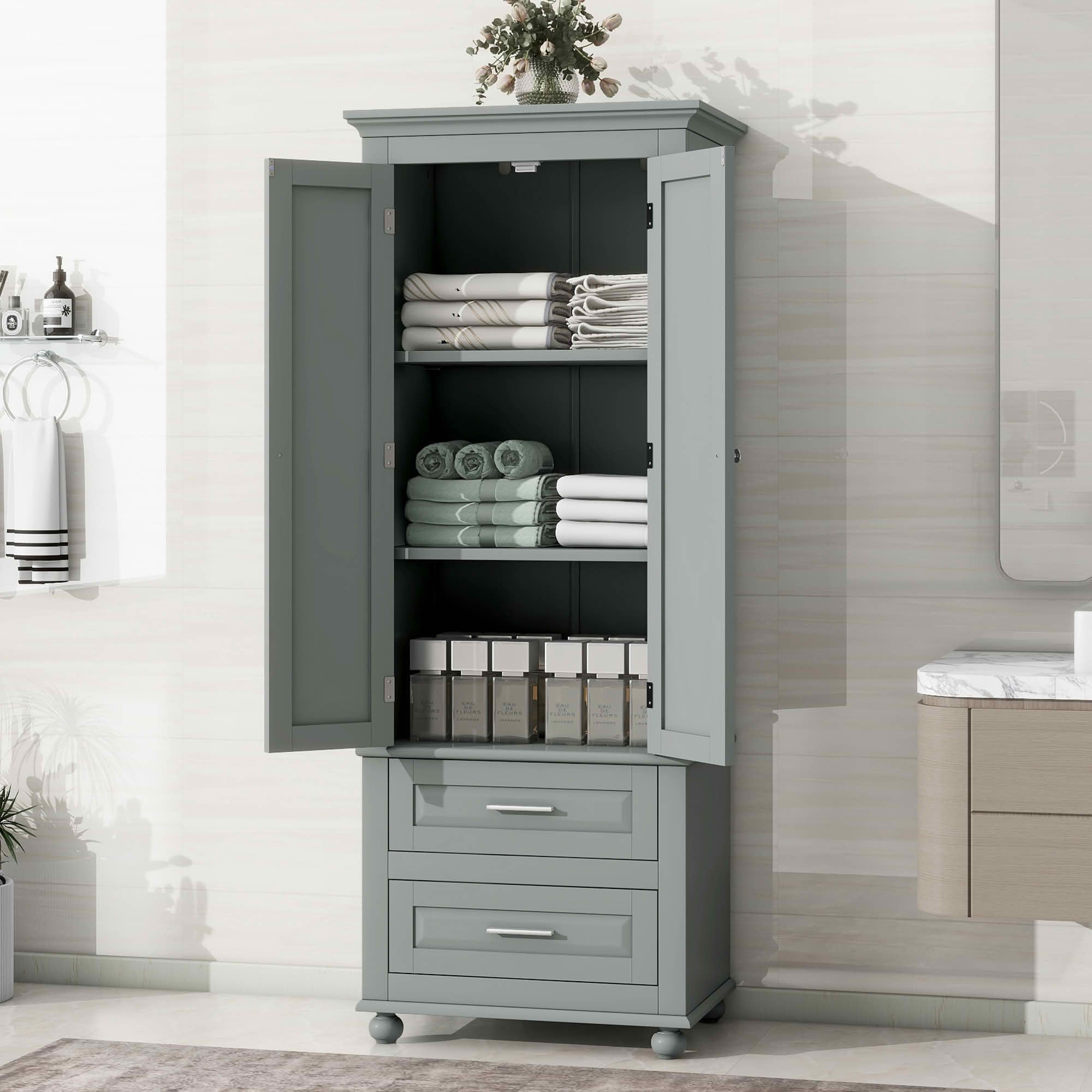 MAYEERTY Tall Storage Cabinet with 2 Drawers, Bathroom Office Use, Grey