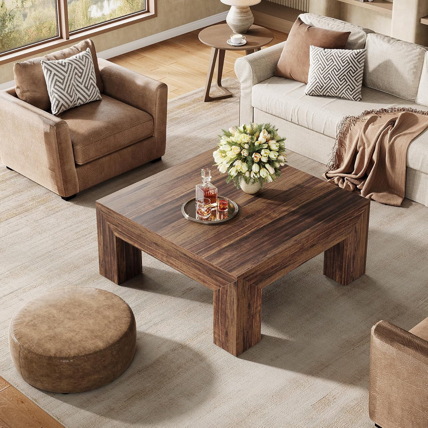 Finmind 39.4-Inch Square Coffee Table for Living Room, Farmhouse All Wood Accent Center Cocktail Table