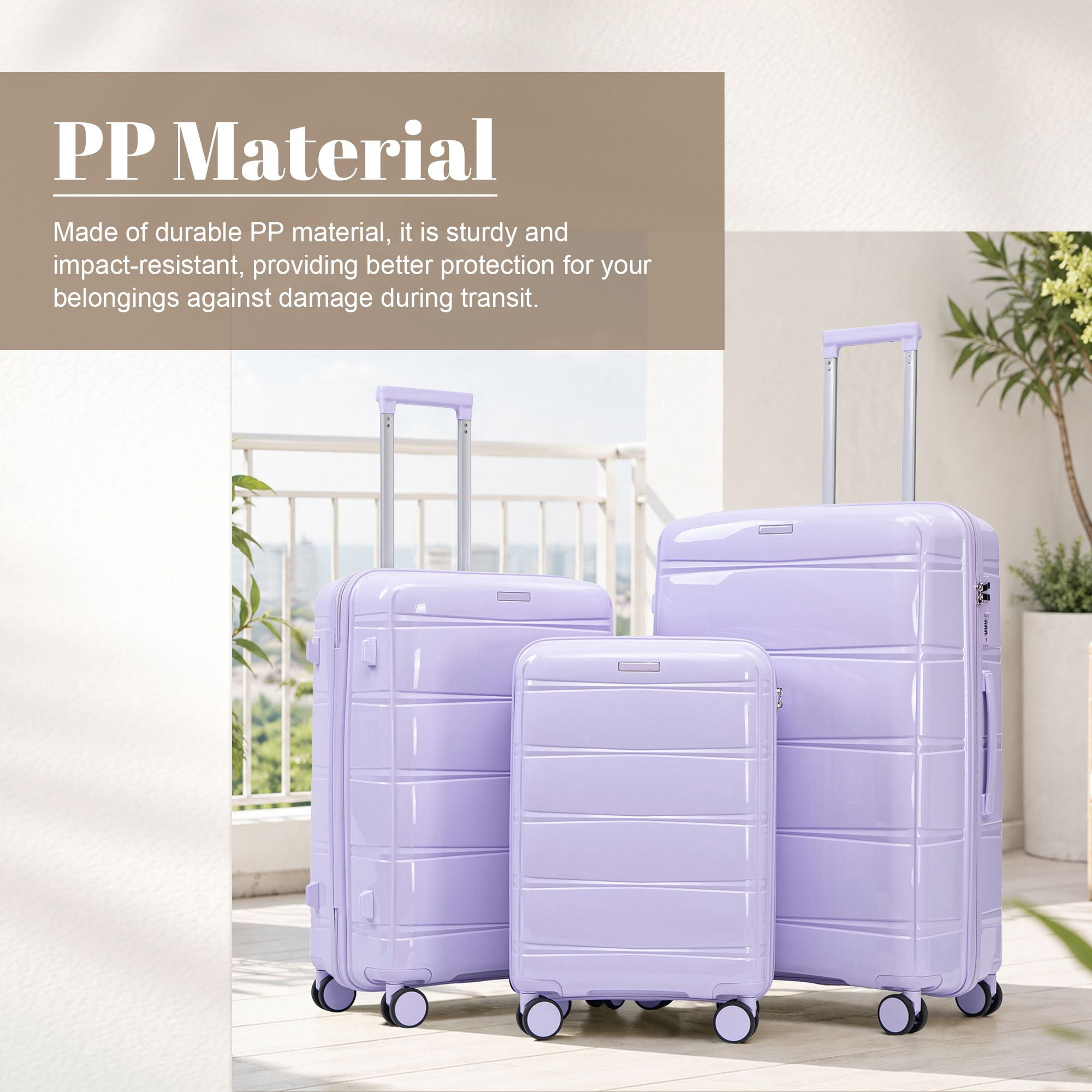 Alvantor 3 Piece Hardshell Luggage Set PP Hardside Suitcase with Iron Telescopic Handle Side Hook 20"24"28"(Purple)