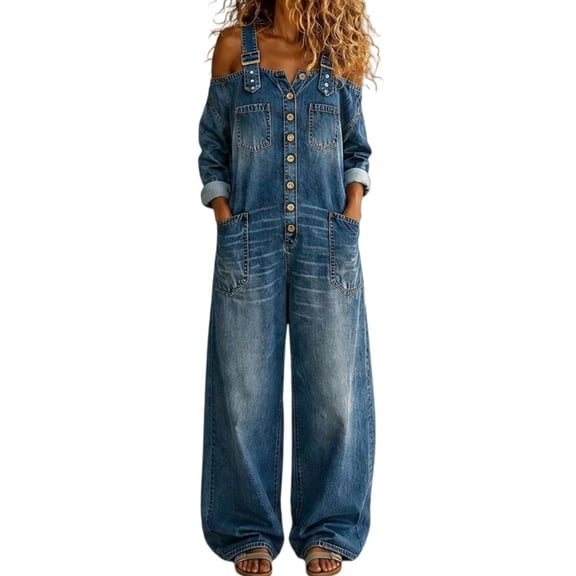 Edvintorg Denim Jumpsuit for Women Plus Size Adjustable Straps Long Sleeve Loose Casual Jean Jumpsuits Women's Clothes S-3XL Blue