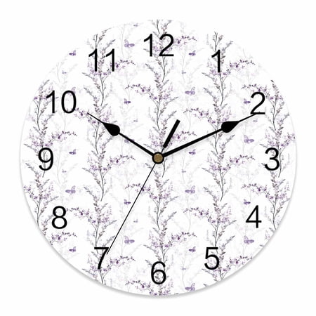 10 Inch Purple Butterfly Wall Clock, Lavender Bud Printing Battery Operated Silent Non Ticking Clocks, Easy to Read Round Wall Clock for Kitchen/Living Room/Bedroom/Bathroom