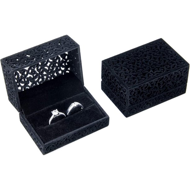 Caja portadora de anillo de terciopelo hueco - Caja de anillo doble para pareja para boda, regalo de compromiso, fotografía (negro)