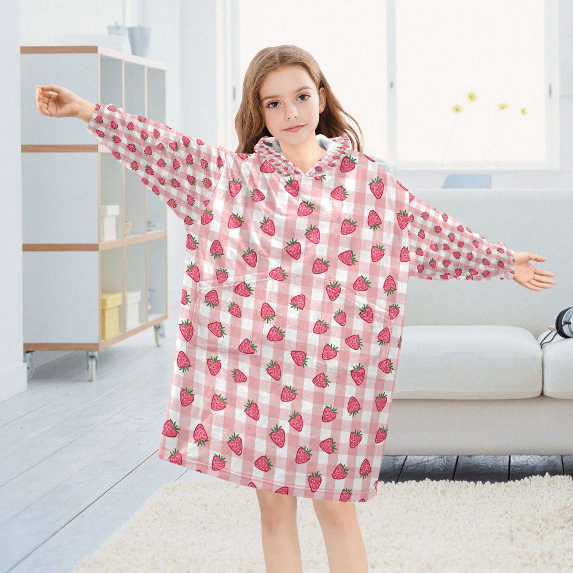 FORMRS Wearable Blanket Hoodie with Sleeves for Kids Cozy Flannel Sweatshirt, Strawberry Plaid Pattern