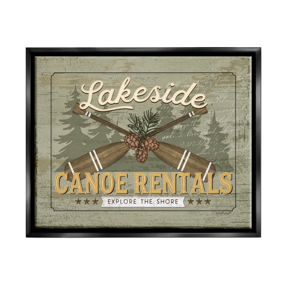 Stupell Lakeside Canoe Rentals Vintage Rustic Landscape Painting Black Floater Framed Art Print Wall Art