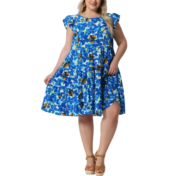 Agnes Orinda Women's Plus Size Boho Dress Floral Print Tiered Ruffle Flutter Sleeves Round Neck Summer Babydoll Dress 1X Blue