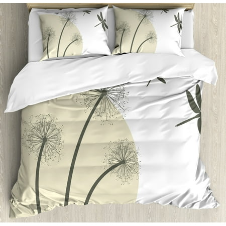 Tan Bedding Set Dragonfly Duvet Cover Set, Spring Dandelions Botany Blossoming Petals Essence of Nature Growth Theme, Decorative Bedding Set with Pillow Shams, Tan Army Green, by Ambesonne ()