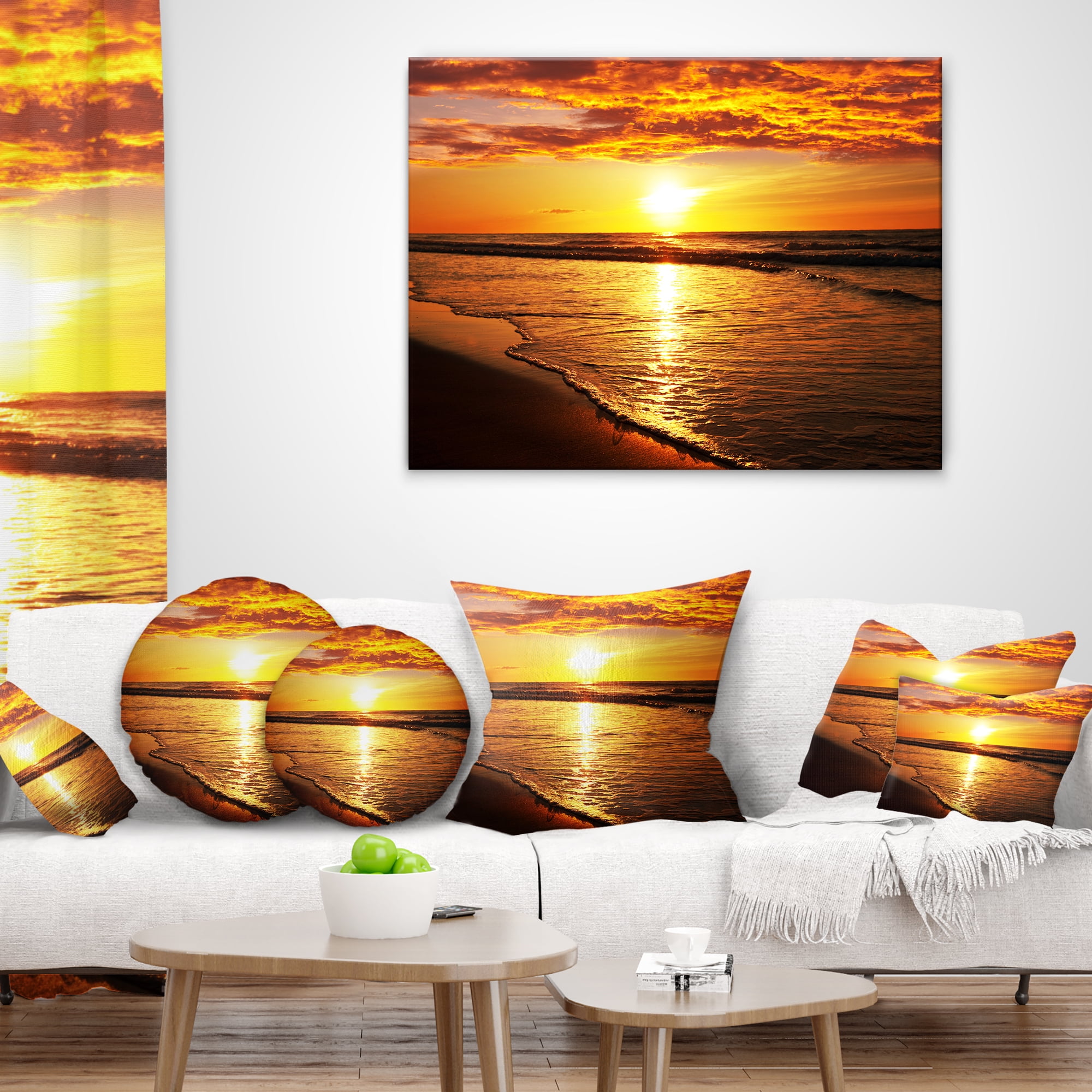 Designart Bright Yellow Sunset over Waves - Modern Beach Throw Pillow - 18x18