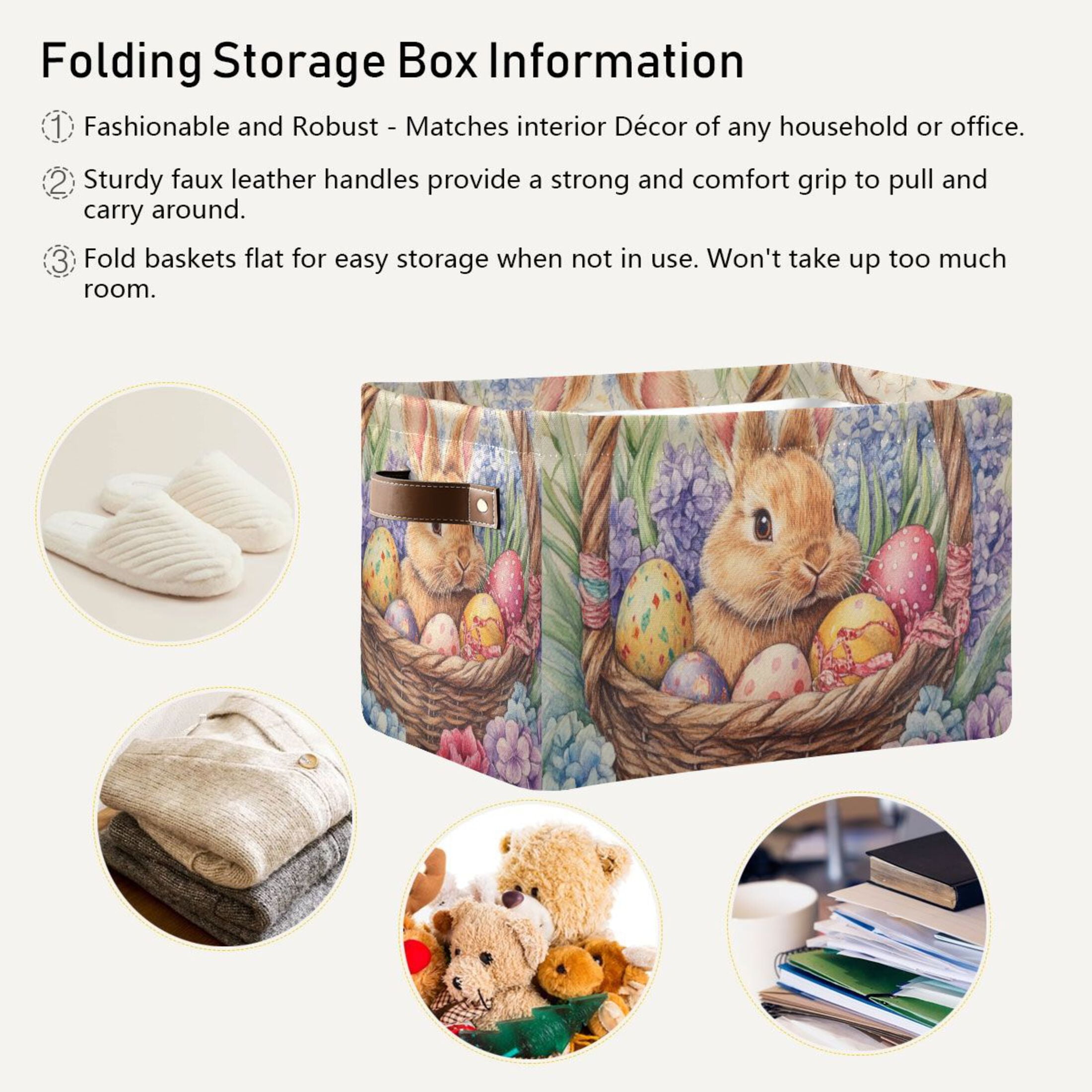 WOBOGO Easter Bunny Square Storage Basket with Waterproof Canvas and PE Lining Durable PU Leather Handles 14.2×10.2×8.3in