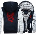 thumbnail image 3 of Chaqueta de invierno con capucha y bolsillo para hombre, con estampado de dragón rojo, estilo Harajuku japonés, abrigo grueso de terciopelo cálido y ropa holgada de forro polar, 3 of 5